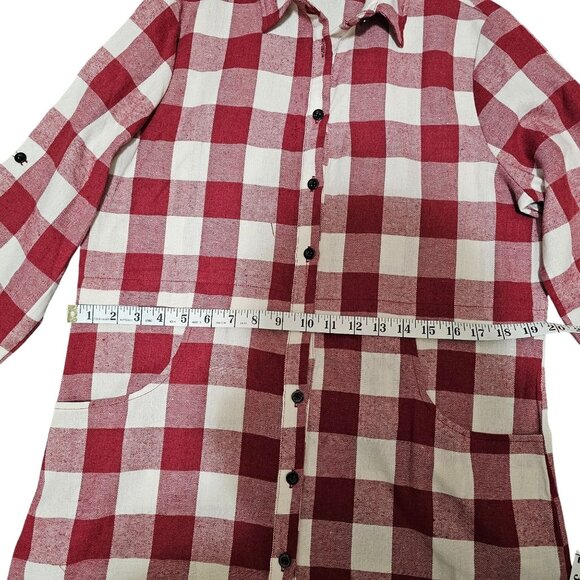 Red & White Plaid Button-Up Shirt Dress With Pockets & Rolled Sleeves By Hotouch - Picture 11 of 13